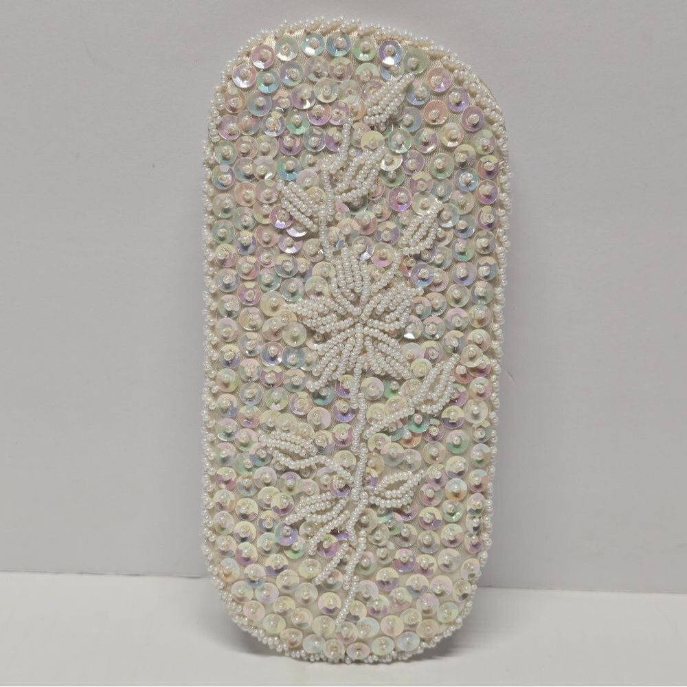 Vintage 60s Off White Embroidered Sequined Beaded Eyeglass Case Holder Hong Kong
